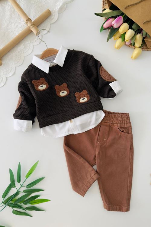 Miniğimin Cicileri Ayıcık Nakışlı Örgü Sweatshirt ve Pantolon Erkek Bebek 3lü Takım - Acı Kahve