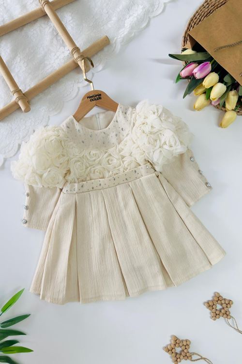 Miniğimin Cicileri Tül Gül Detaylı Taş İşlemeli Kemerli Kız Çocuk Elbise - Krem