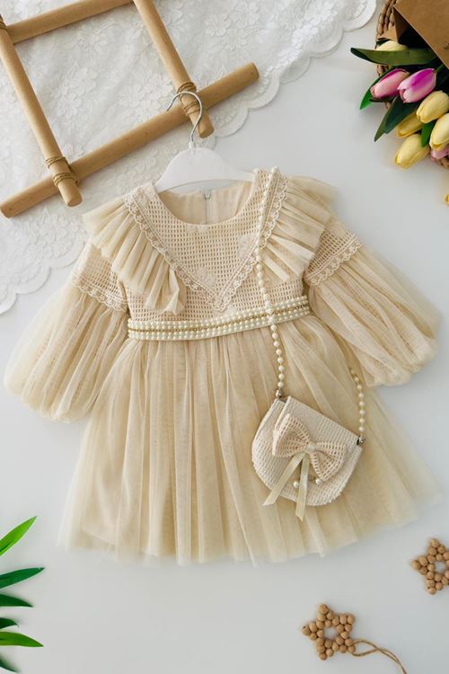 Miniğimin Cicileri Prenses İncili Tül Detaylı Çantalı Kız Çocuk Elbise - Bej