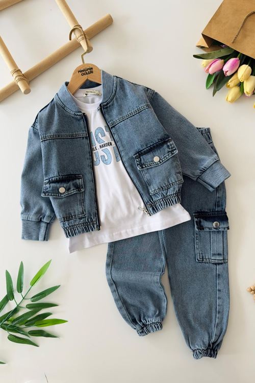 Miniğimin Cicileri Erkek Çocuk Kot Ceketli Spor Tişörtlü 3’lü Takım - Mavi