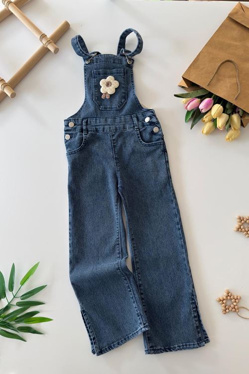 Miniğimin Cicileri Cebi Papatya Örgü Detaylı Yırtmaçlı Kız Çocuk Salopet - Mavi