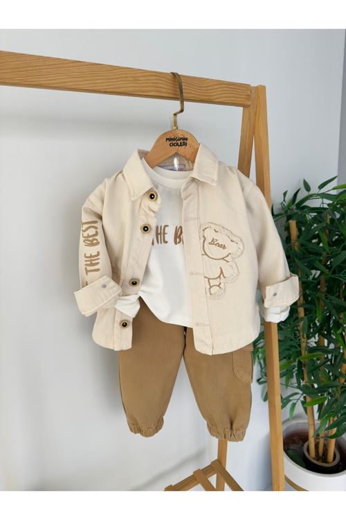 Miniğimin Cicileri The Best İşlemeli Bear Detaylı Erkek Çocuk 3 lü Pamuklu Takım - Toprak