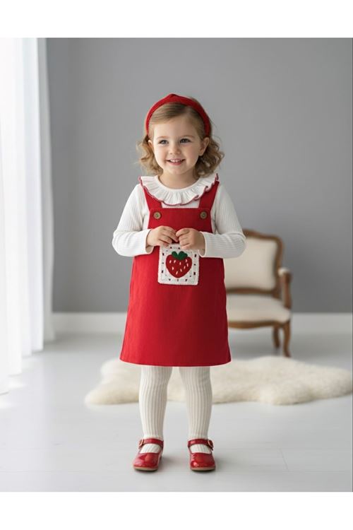 Miniğimin Cicileri Çilek Nakış Kız Bebek 2 li Kadife Elbise - Krımızı