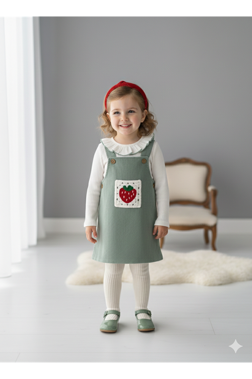 Miniğimin Cicileri Çilek Nakış Kız Bebek 2 li Kadife Elbise - Yeşil