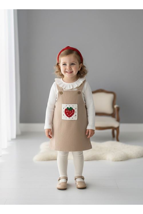 Miniğimin Cicileri Çilek Nakış Kız Bebek 2 li Kadife Elbise - Bej