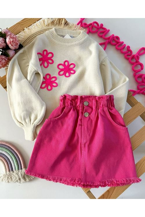 Miniğimin Cicileri Çiçek işlemeli Sweat Gabardin Etekli Kız Çocuk Etekli Takım - Pembe