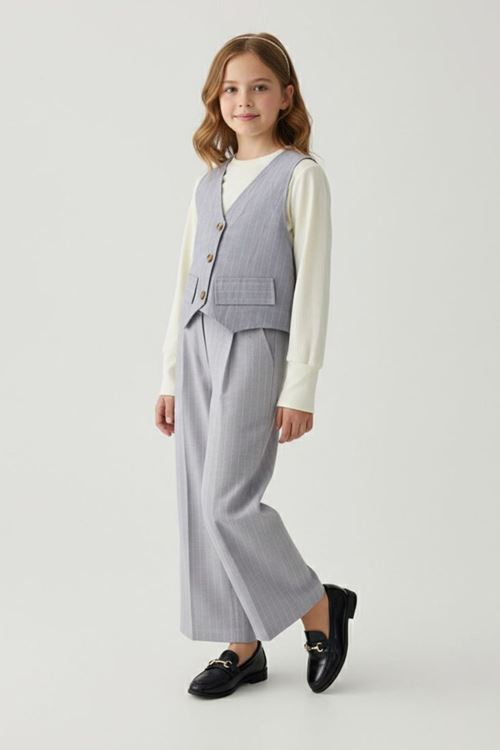 Miniğimin Cicileri (9-13 Yaş) Blazer Yelekli Çizgili 3 lü Kız Çocuk Takım - Gri