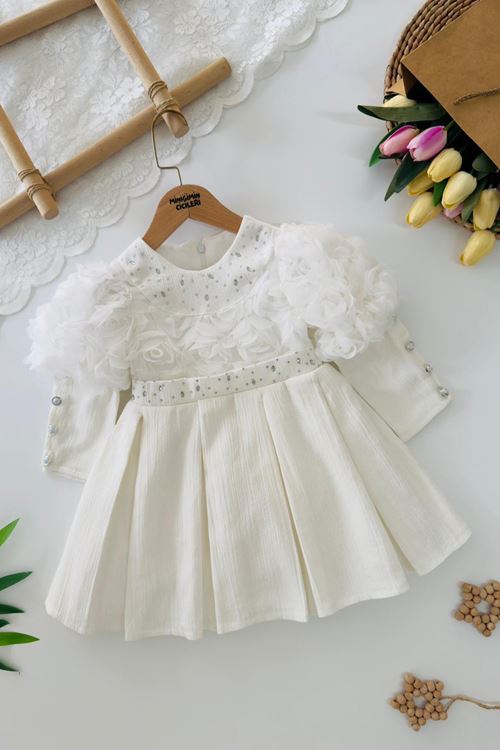Miniğimin Cicileri Tül Gül Detaylı Taş İşlemeli Kemerli Kız Çocuk Elbise - Ekru