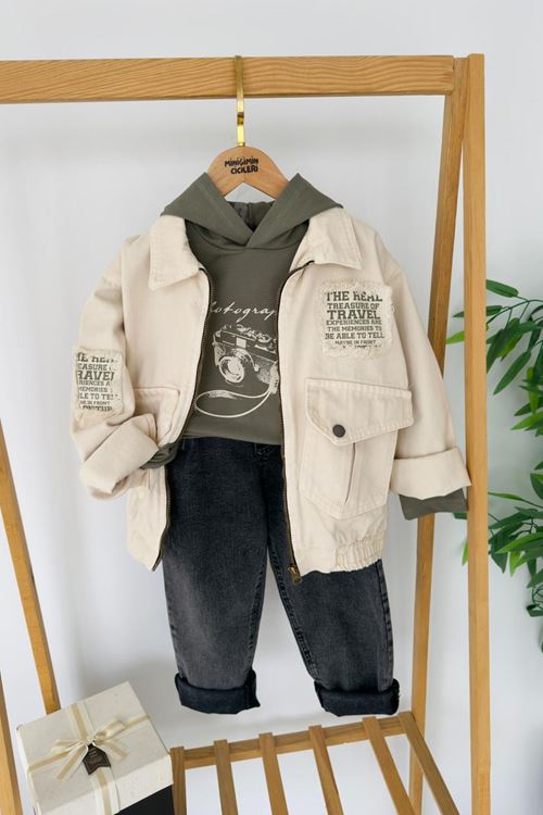 Miniğimin Cicileri Vintage Baskılı Kapüşonlu Erkek Çocuk Ceket Pantolon 3 lü Takımı - Yeşil