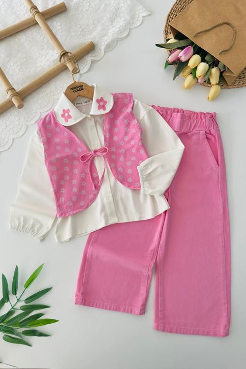Miniğimin Cicileri Yelekli Çiçek İşleme Detaylı Kız Çocuk 3 lü Gabardin  Takım - Pembe