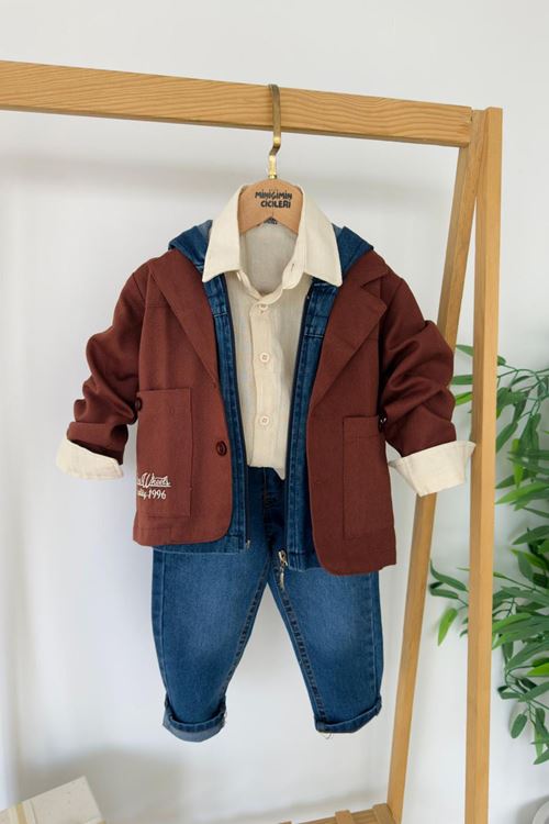 Miniğimin Cicileri Kot Yelekli Ceketli Erkek Çocuk 4 lü Takım - Çikolata