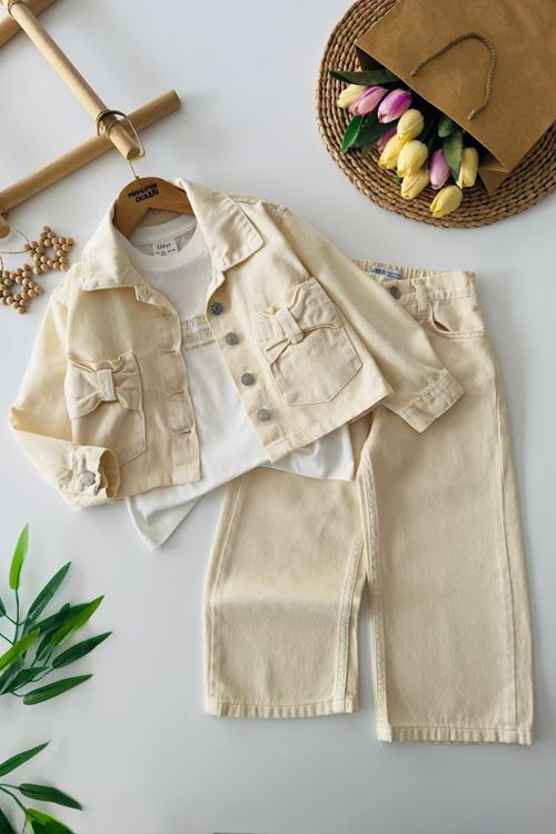 Miniğimin Cicileri Cepleri Fiyonk Detaylı 3 lü Denim Kız Çocuk Takım - Krem