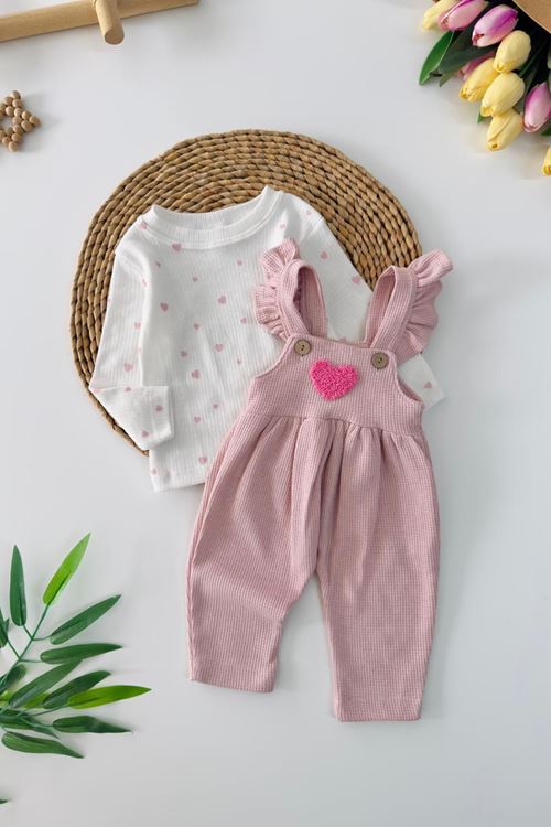 Miniğimin Cicileri Kalp Detaylı Kız Bebek 2 Li Tulum Takım - Pembe