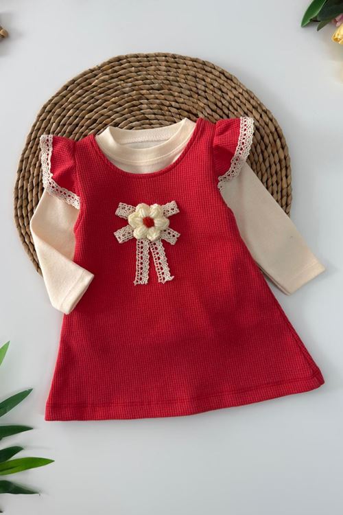Miniğimin Cicileri Çiçek  Detaylı Kız Bebek 2 Li Elbise Takım - Kırmızı