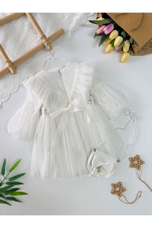 Miniğimin Cicileri Prenses İncili Tül Detaylı Çantalı Kız Çocuk Elbise - Beyaz