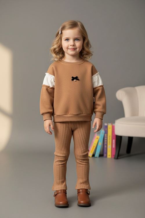 Minigimin Cicileri (2-5 Yaş) Omuz Brodeli Fiyonk Detay 3 İp Kız Çocuk Takım - Kahverengi