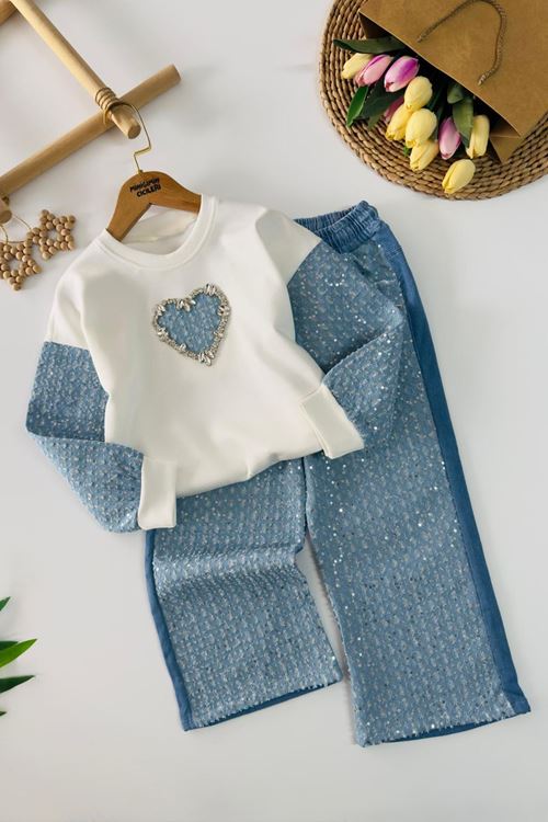 Miniğimin Cicileri Kalp Detaylı Payetli Kot Pantolonlu Kız Çocuk 2 li Takım - Beyaz