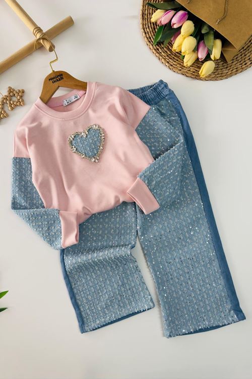 Miniğimin Cicileri Kalp Detaylı Payetli Kot Pantolonlu Kız Çocuk 2 li Takım - Pembe
