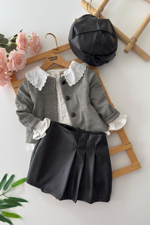 Miniğimin Cicileri Deri Şort Etekli Desenli Gömlekli Kaşe Kız Çocuk 4 lü Takım - Gri