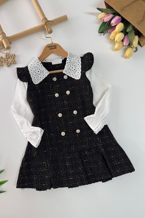 Miniğimin Cicileri Tüvit Düğmeli Kız Çocuk Taşlı Elbise - Siyah