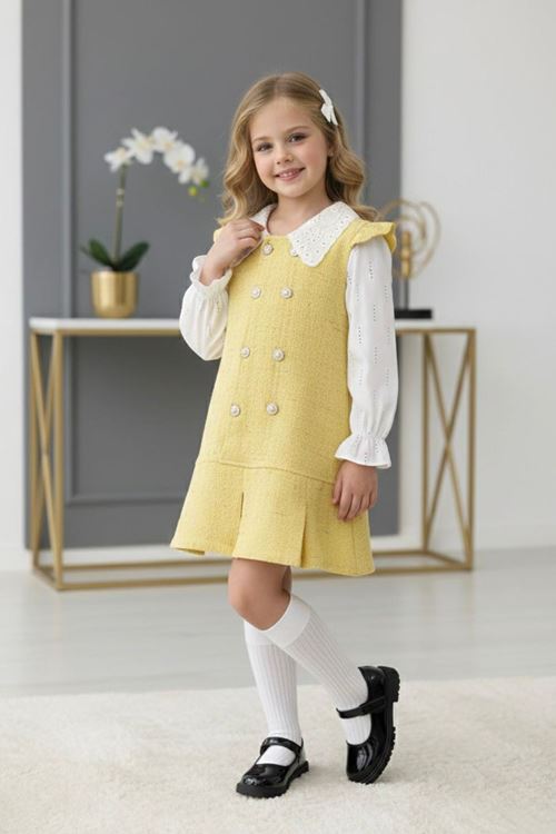 Miniğimin Cicileri Tüvit Düğmeli Kız Çocuk Taşlı Elbise - Sarı