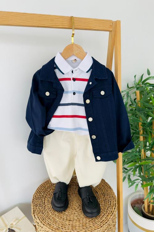 Miniğimin Cicileri Polo Yaka Çizgili Tişörtlü Ceketli Erkek Çocuk Spor Şık 3 lü Takım - Lacivert