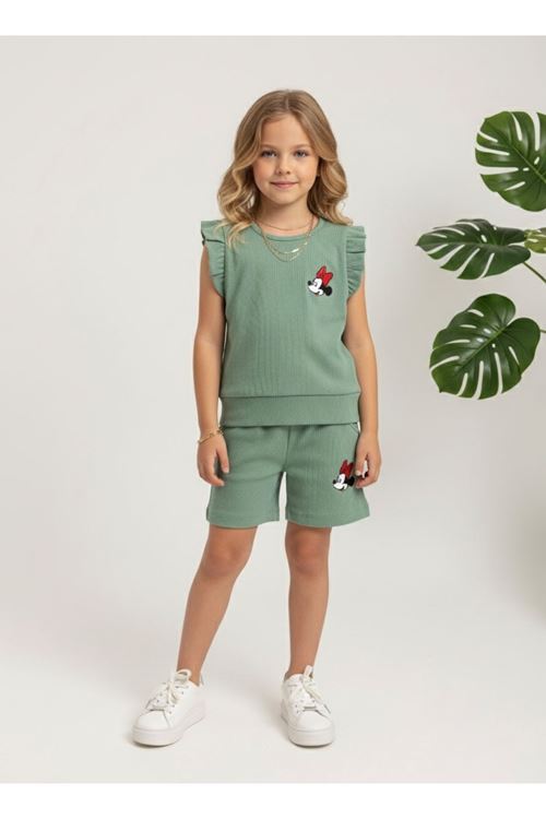 Miniğimin cicileri mnn baskı detaylı kız çocuk şortlu takım - yeşil