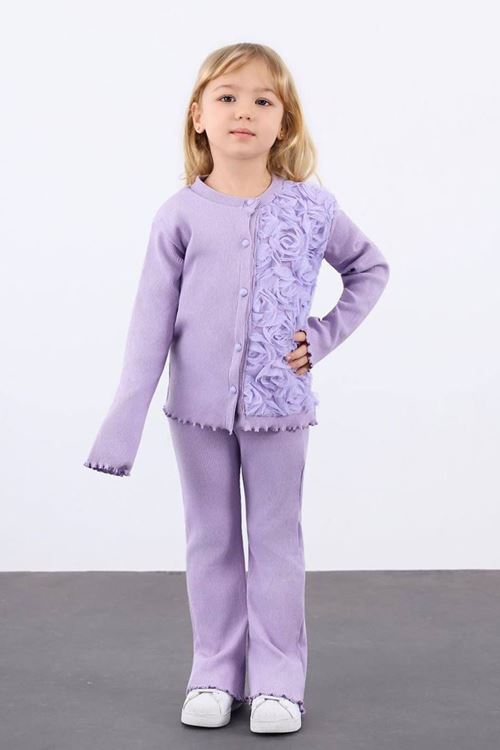 Miniğimin Cicileri Gül Aplike Hırkalı Kız Ribanadan Çocuk 2’li Takım - Lila