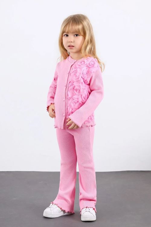 Miniğimin Cicileri Gül Aplike Hırkalı Kız Ribanadan Çocuk 2’li Takım - Pembe