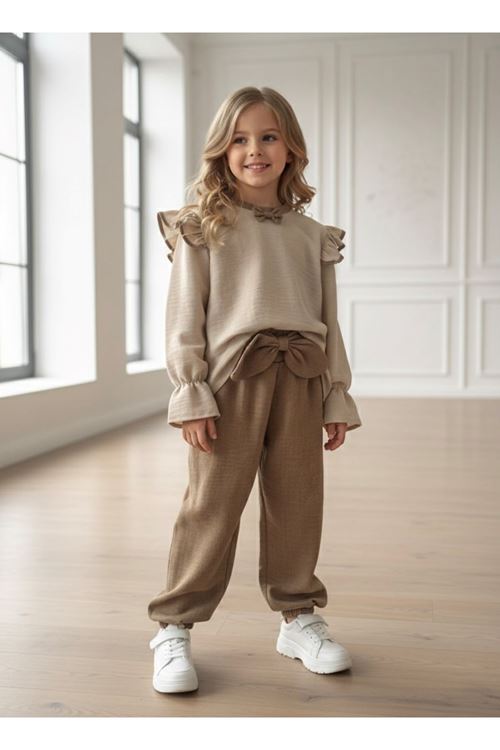 Miniğimin Cicileri Fırfır Detaylı Dokuma Takım - Kahverengi