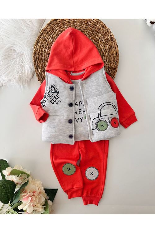 Miniğimin Cicileri Erkek Bebek Yelekli Kapüşonlu3 lü Takım - Turuncu