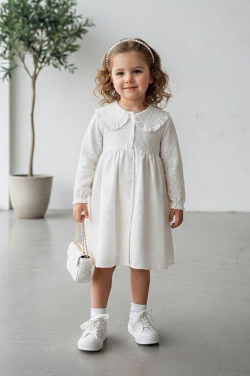 Miniğimin Cicileri  Fistolu Fırfırlı Bebe Yaka Boydan Düğmeli Uzun Kol Kız Çocuk Elbise - Ekru