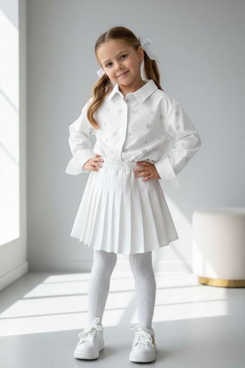 Miniğimin Cicileri Minik Kalp Taşlı Kız Çocuk Tek Gömlek - Beyaz