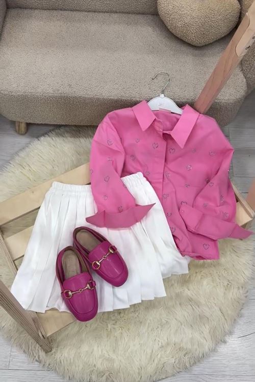 Miniğimin Cicileri Minik Kalp Taşlı Kız Çocuk Tek Gömlek - Fuşya