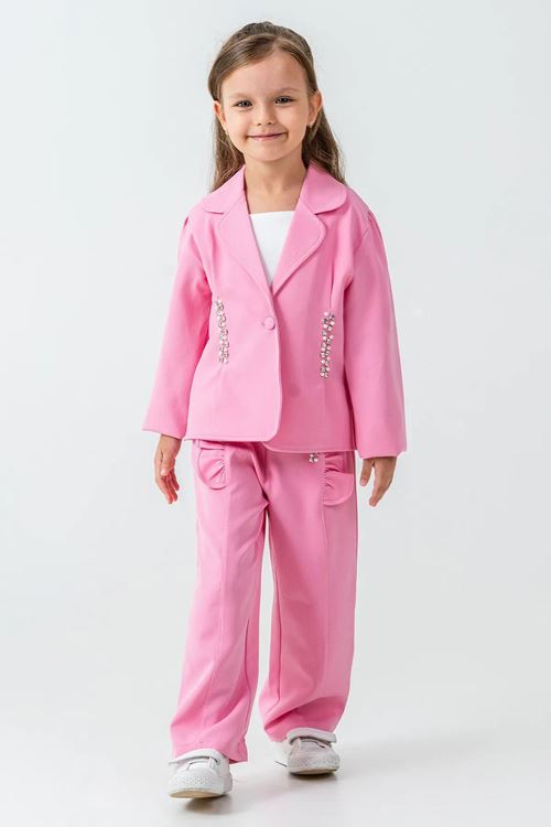 Miniğimin Cicileri Taşlı Ceketli 3 lü Kız Çocuk Takım - Pembe