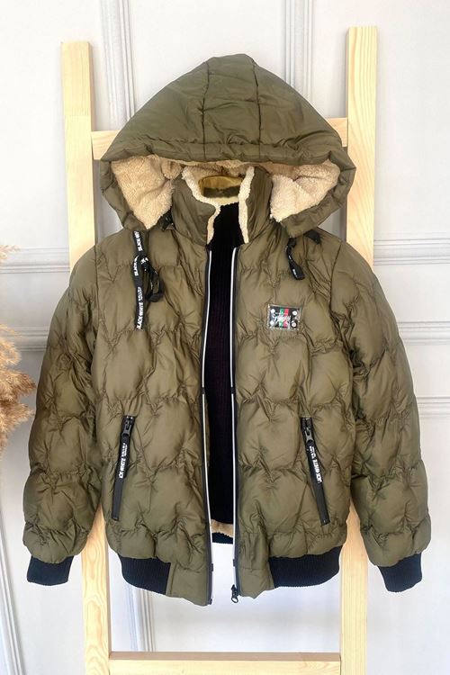 Minigimin Cicileri Erkek Çocuk Fermuarlı Cepli Kapüşonlu Mont (Dar Kalıp) - Haki