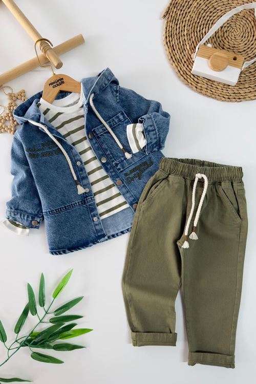 Miniğimin Cicileri Çizgili Detaylı Kot Ceketli Erkek Çocuk 3 lü Takım - Yeşil