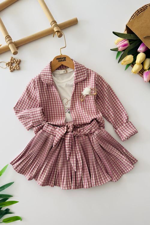 Miniğimin Cicileri Ekose Desenli Çiçek Broş Detaylı Gömlekli 3’lü Kız Çocuk Etek Takım - Mor