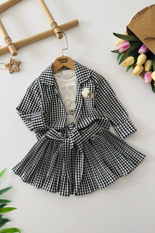 Miniğimin Cicileri Ekose Desenli Çiçek Broş Detaylı Gömlekli 3’lü Kız Çocuk Etek Takım - Siyah