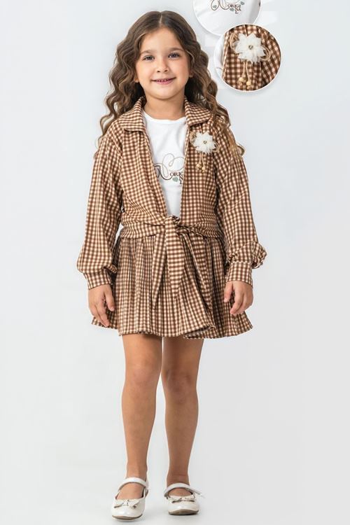 Miniğimin Cicileri Ekose Desenli Çiçek Broş Detaylı Gömlekli 3’lü Kız Çocuk Etek Takım - Kahverengi