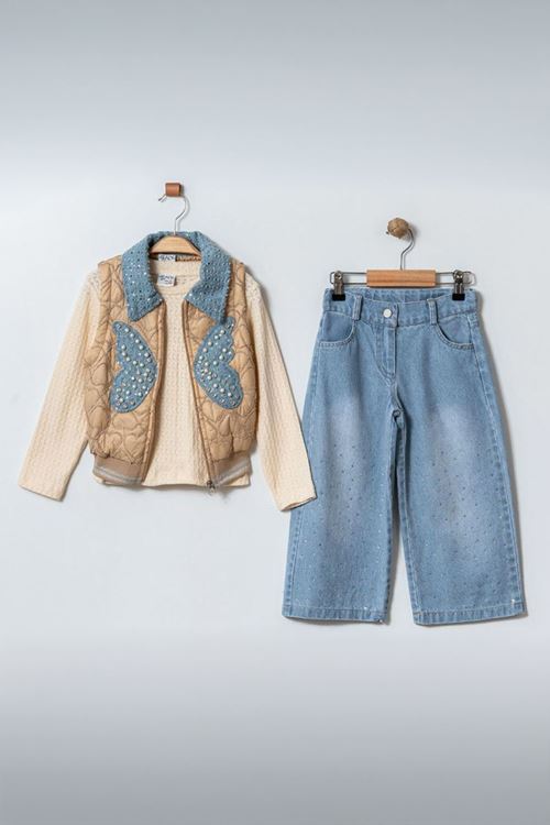 Miniğimin Cicileri (3-6 yaş) İnci Detaylı Kelebek Aplikeli Kapitone Yelekli 3’lü Kız Çocuk Kot Takım - Vizon