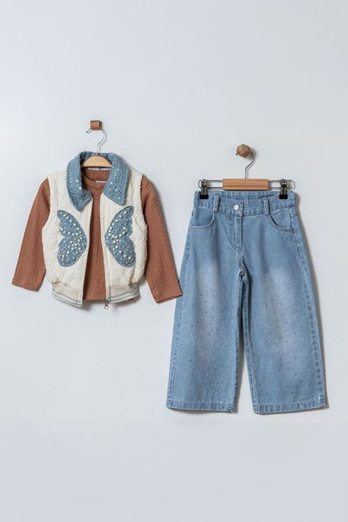 Miniğimin Cicileri (3-6 yaş) İnci Detaylı Kelebek Aplikeli Kapitone Yelekli 3’lü Kız Çocuk Kot Takım - Kahverengi