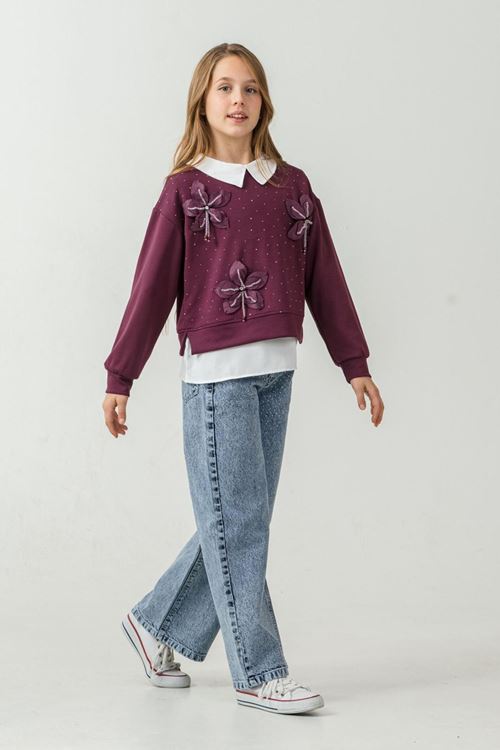 Miniğimin Cicileri (8-12 yaş) İncili Çiçek Aplikeli Yaka Detaylı Taşlı Kız Çocuk 3 lü Takım - Mor