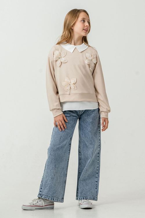 Miniğimin Cicileri (8-12 yaş) İncili Çiçek Aplikeli Yaka Detaylı Taşlı Kız Çocuk 3 lü Takım - Bej