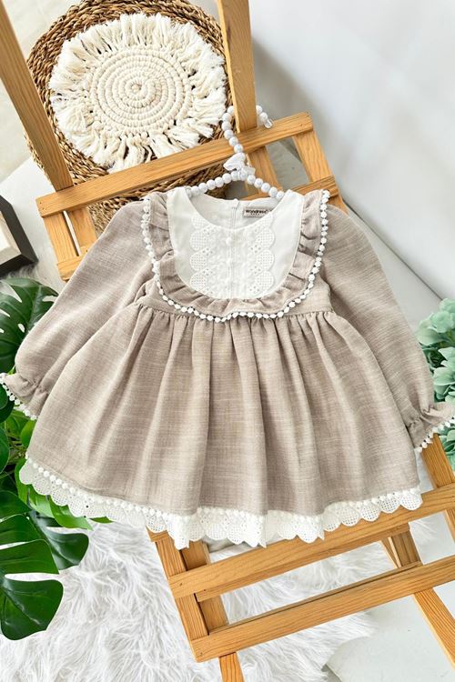 Miniğimin Cicileri (9-24 Ay) Vintage Dantel Yakalı Pamuklu Fırfır Detaylı Kız Bebek Elbise - Taş