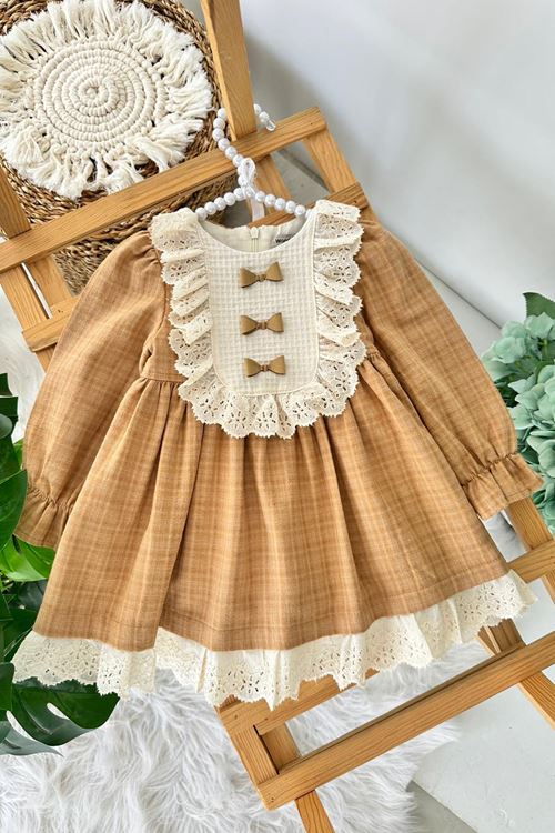 Miniğimin Cicileri (9-24 Ay) Fiyonk Detaylı Fistolu Kız Bebek Pamuk Elbise - Camel