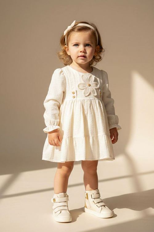 Miniğimin Cicileri (9-24 Ay) Çiçek Aplikeli Düğme Detaylı Kız Bebek Pamuklu Elbise - Krem