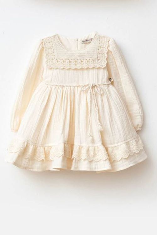 Miniğimin Cicileri (9-24 Ay) Dantel Yaka Kuşaklı Kız Bebek Elbise - Krem