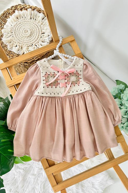Miniğimin Cicileri (9-24 Ay) Vintage Nakışlı Yaka Detaylı Fiyonklu Kız Bebek Elbise - Pudra