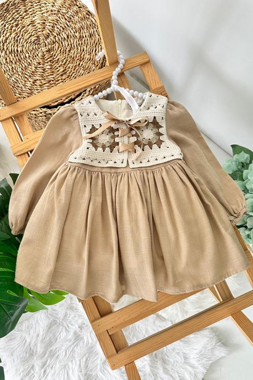Miniğimin Cicileri (9-24 Ay) Vintage Nakışlı Yaka Detaylı Fiyonklu Kız Bebek Elbise - Camel